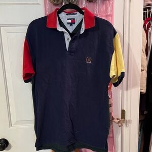 Vtg Tommy Hilfiger Men's Polo Shirt in Navy, Red, and Yellow